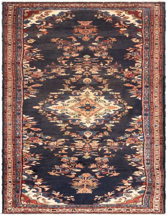 A 10 ft Hamedan runner rug in shades of blue with a tribal and traditional floral pattern and a red border.