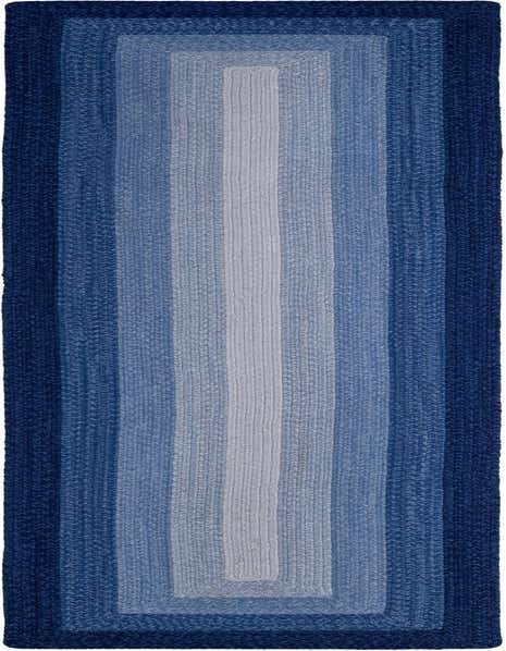A 12 ft blue runner rug with a modern braided pattern, featuring an ombre design from dark to light blue.