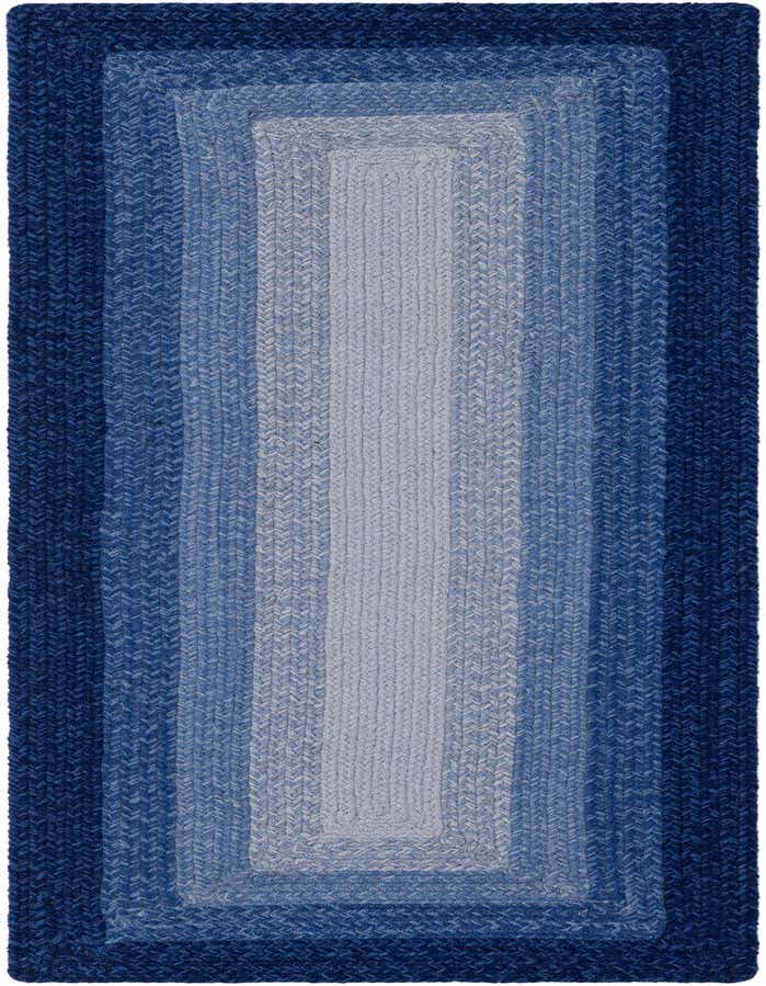A 6 ft runner rug with a braided texture, featuring concentric rectangles in shades of blue, from dark navy to light sky blue.