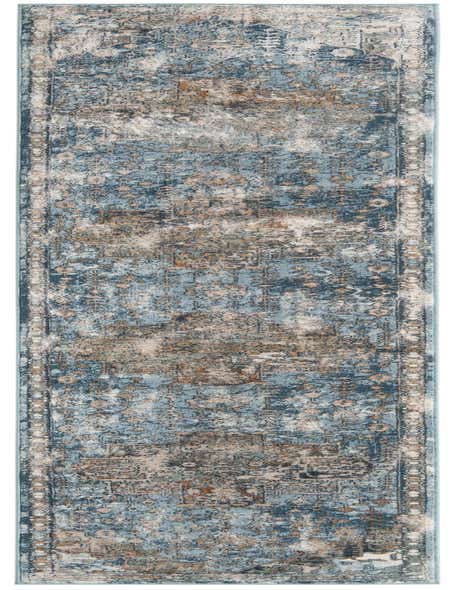 A 10 ft runner rug from the Highbury collection, featuring a distressed traditional medallion pattern in various blues, beige, and brown tones.