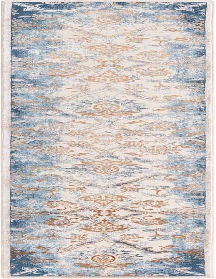 A 10 ft runner rug with a distressed traditional floral pattern in shades of blue, cream, and gold, ideal for a hallway.