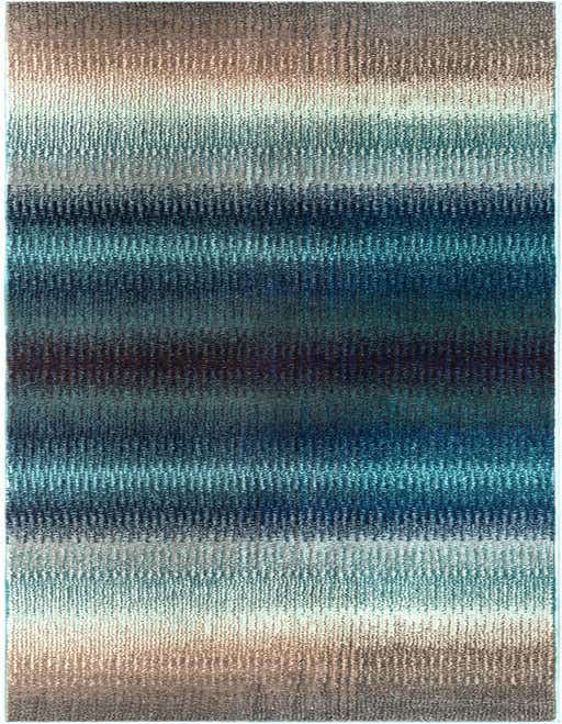 A 10 ft runner rug with abstract horizontal stripes in varying shades of blue, teal, and brown, suitable for a hallway.