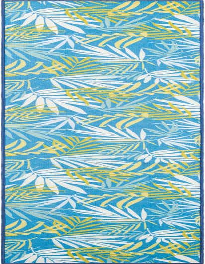 A 10 ft runner rug featuring a vibrant tropical leaf pattern in shades of blue, white, and yellow, suitable for indoor or outdoor use.