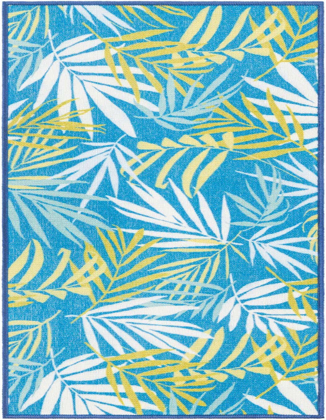A 4 ft runner rug featuring a vibrant blue background with a modern tropical pattern of white, light blue, and yellow leaves.