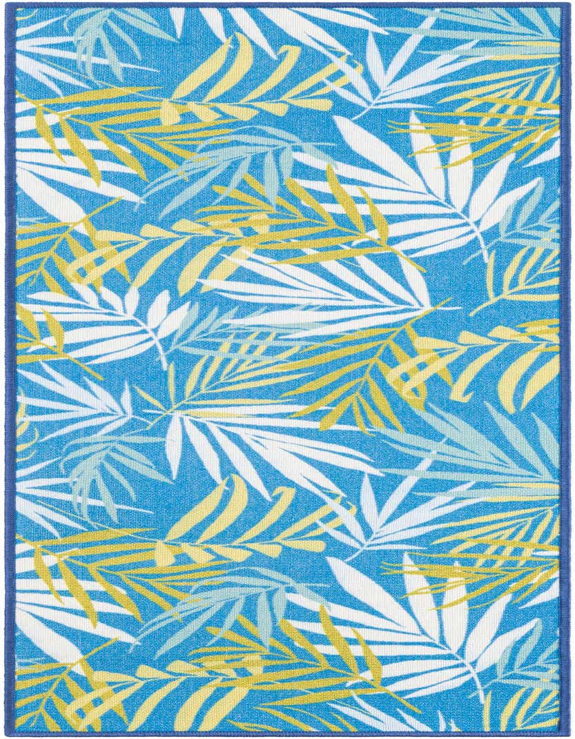 A 5 ft runner rug with a vibrant blue background and a modern tropical pattern of white, light blue, and yellow leaves, ideal for a hallway or patio.