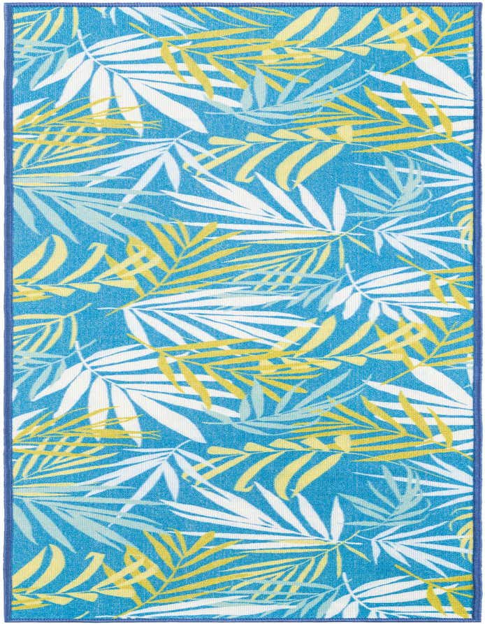 A 6 ft runner rug featuring a vibrant tropical pattern of white, yellow, and light blue palm leaves on a bright blue background, with a dark blue border.