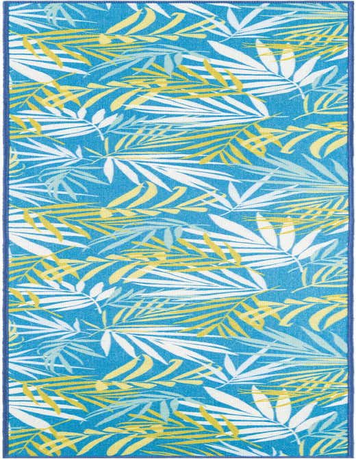 A blue 8 ft runner rug with a tropical pattern of white, light blue, and yellow palm leaves, suitable for a hallway or patio.