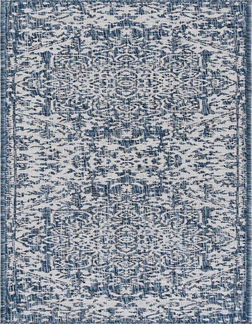 A blue and white Mediterranean-style runner rug with a distressed medallion pattern, suitable for hallways or patios.