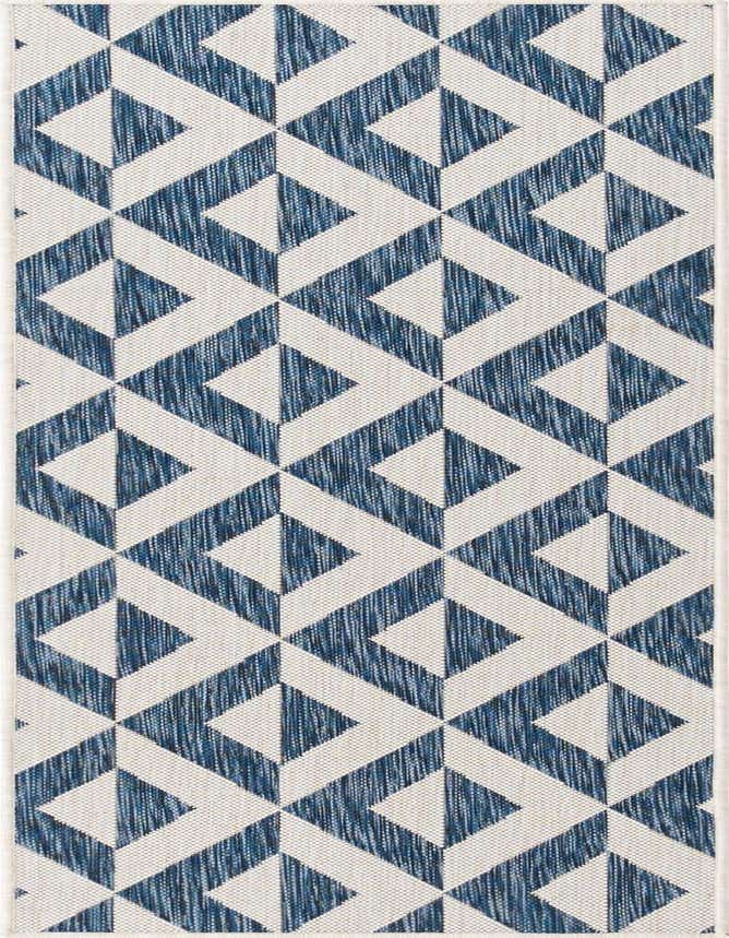 A 6 ft runner rug featuring a modern geometric trellis pattern in varying shades of blue and off-white, suitable for a hallway or patio.