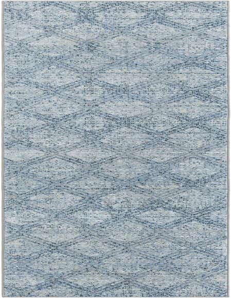 A 12 ft runner rug in shades of blue with a modern geometric pattern, ideal for a hallway.