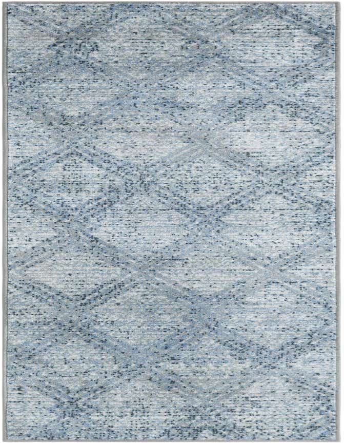 A 6 ft runner rug from the Kamala Washable collection, featuring a modern abstract pattern in shades of blue and grey, ideal for hallways.