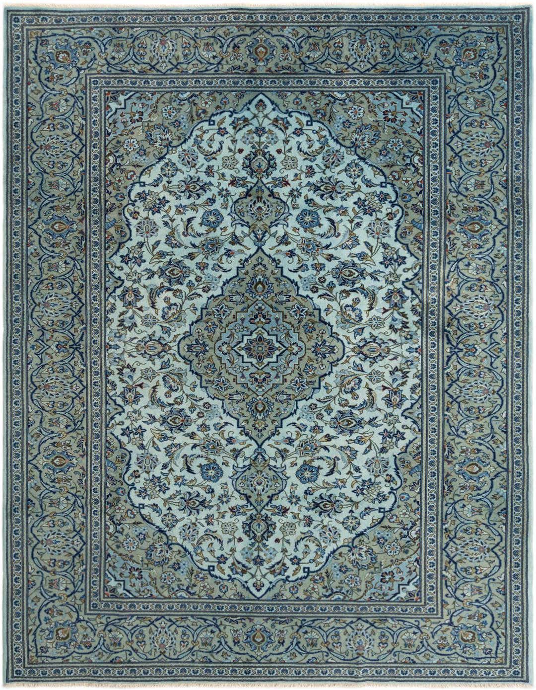 A 16 ft traditional runner rug in shades of blue and cream, featuring an intricate floral medallion pattern and borders, perfect for a hallway.