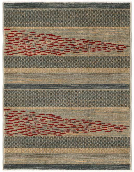 A 10 ft runner rug with a blue and tan striped pattern, featuring a school of red and blue fish swimming across. Ideal for a hallway.