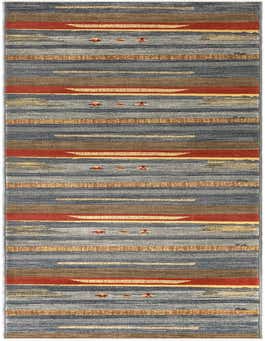 A 20 ft runner rug with a striped pattern in shades of blue, brown, red, and beige, suitable for a hallway.