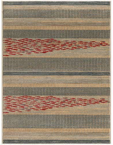 A 12 ft runner rug with horizontal stripes in varying shades of blue, gray, and beige, featuring red fish patterns in two sections.