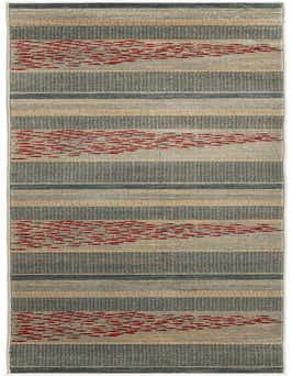 A 20 ft runner rug featuring horizontal stripes in varying shades of blue, beige, and gray, with sections of small red fish patterns.