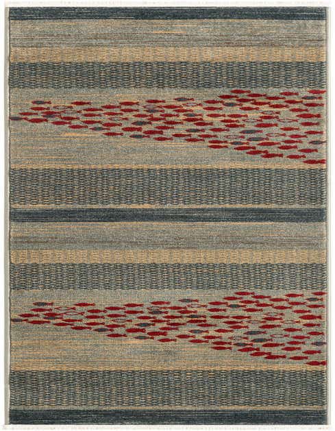 A blue and beige Kashkuli Gabbeh runner rug with horizontal stripes and a playful school of red fish.
