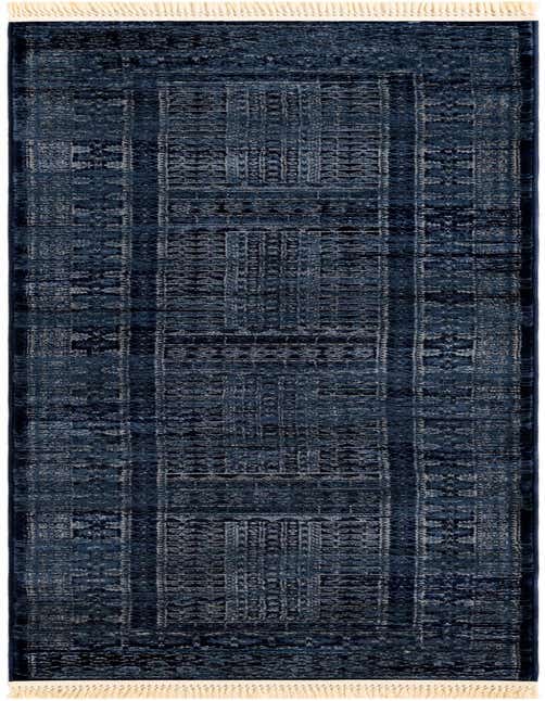 A 10 ft indoor runner rug in varying shades of blue with a distressed geometric pattern and white fringe.
