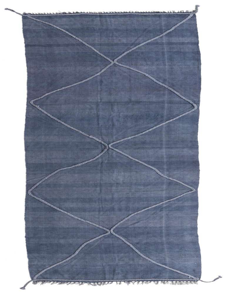 A long 11 ft blue wool runner rug with a light blue tribal diamond pattern and fringed ends, perfect for a hallway.