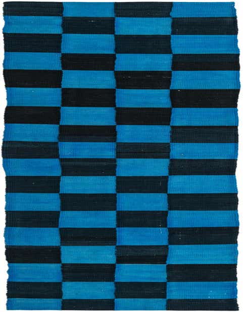 A long 11 ft runner rug featuring a bold checkerboard pattern of alternating black and bright blue squares, ideal for a hallway.