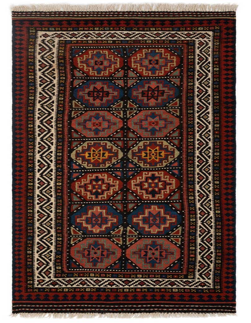 A 10 Ft Kilim runner rug in a tribal Persian pattern, featuring a rich palette of blues, reds, and creams with geometric motifs.