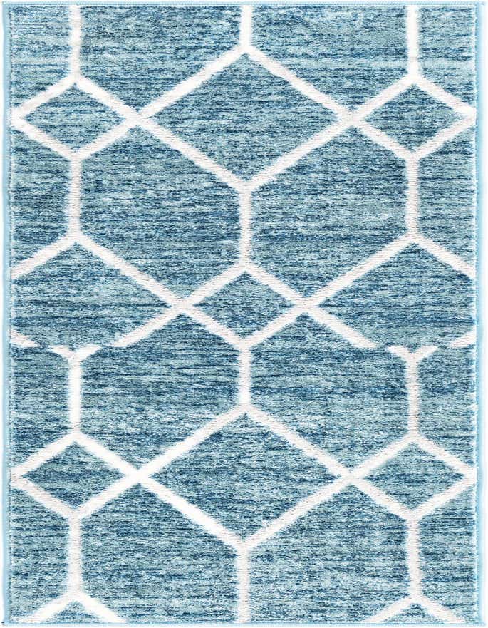 A 6 ft runner rug featuring a blue background with a white geometric trellis pattern, ideal for a hallway.