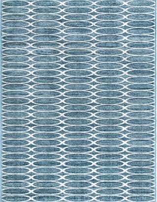 A 16 ft runner rug featuring a modern trellis pattern with white interlocking circles on a textured blue background, ideal for a hallway.