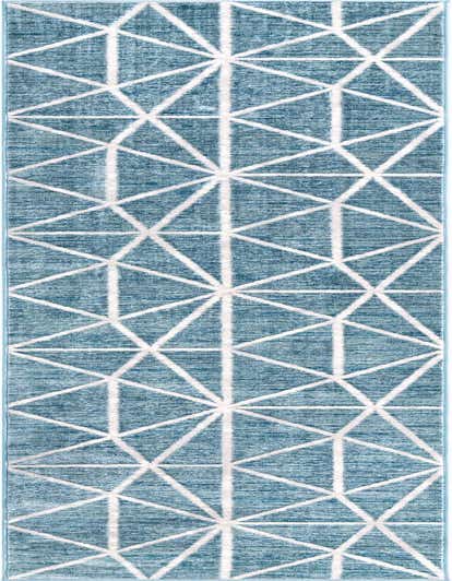 A 13 ft runner rug in shades of blue with a white geometric trellis pattern, suitable for a hallway.