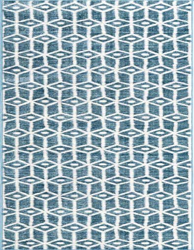 A 13 ft runner rug featuring a repeating blue and white geometric trellis pattern, ideal for a hallway.