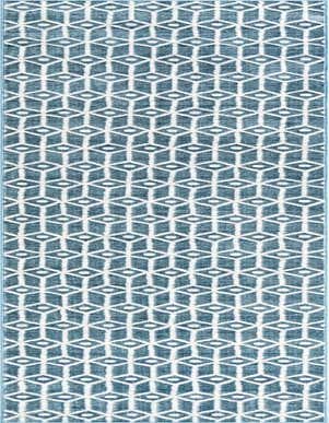 A 20 ft runner rug in shades of blue with a white modern trellis pattern, ideal for a hallway.