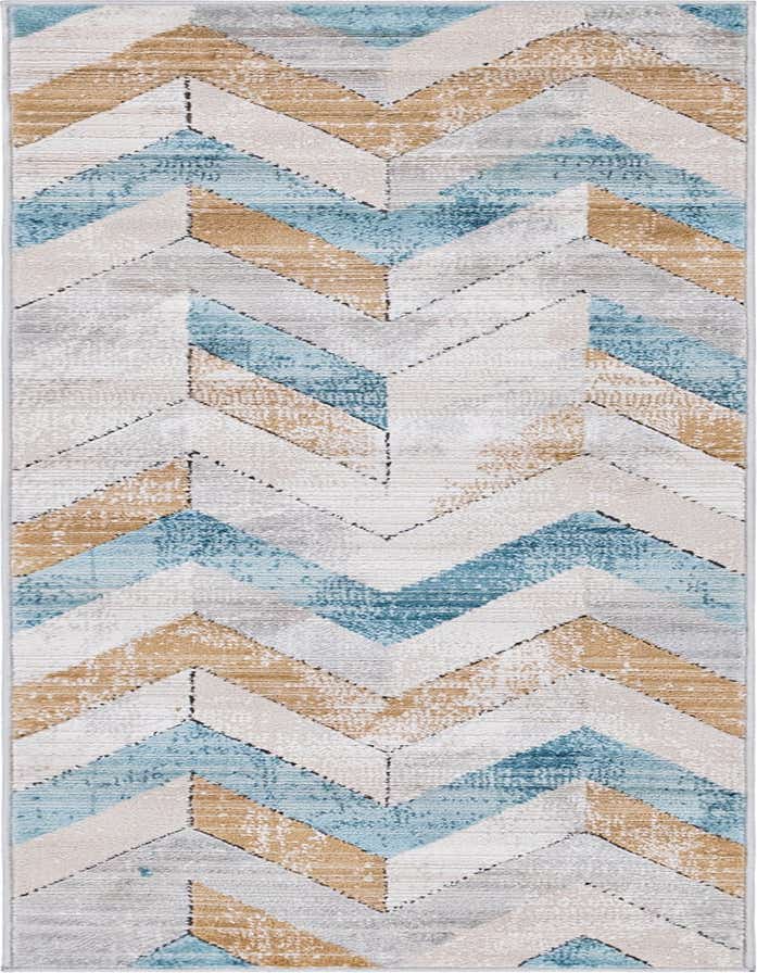 A 6 ft runner rug with a modern chevron pattern in shades of blue, tan, and cream, ideal for a hallway.
