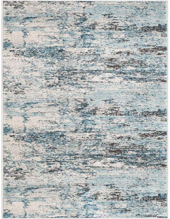 A 10 ft runner rug from the Leipzig collection featuring an abstract pattern in varying shades of blue, gray, and dark brown, ideal for a hallway.