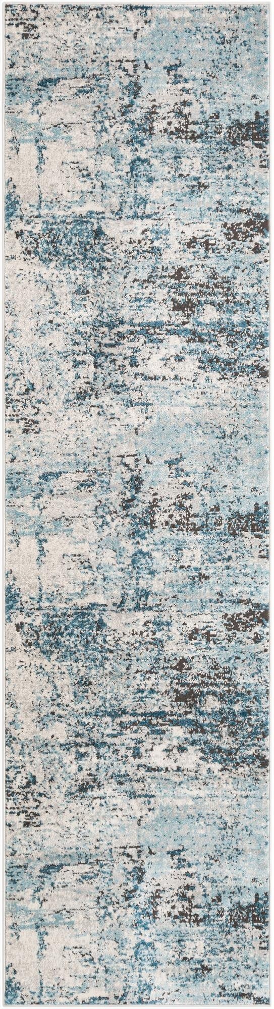 A 10 ft runner rug from the Leipzig collection featuring an abstract pattern in varying shades of blue, gray, and dark brown, ideal for a hallway.
