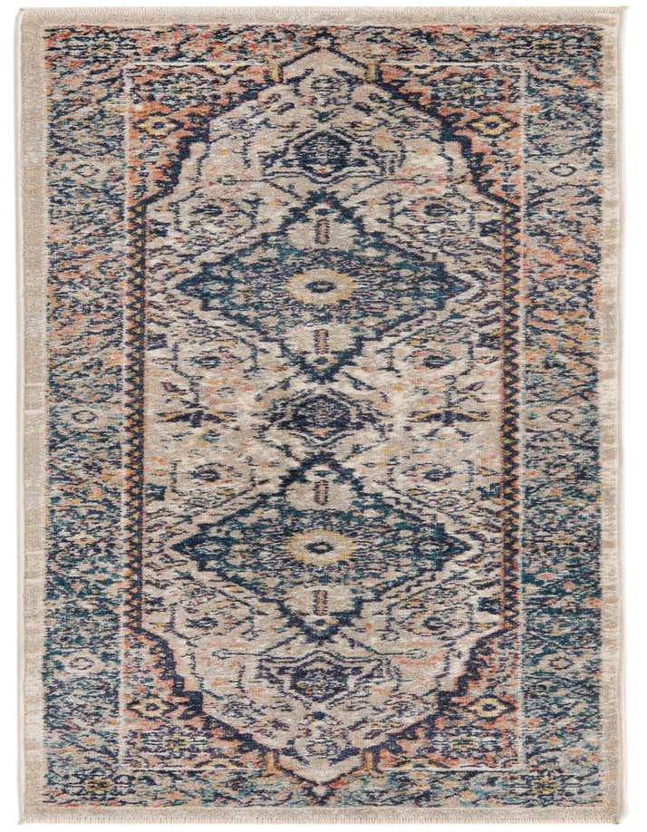 A 6 ft runner rug with a distressed Bohemian medallion pattern in shades of blue, orange, and beige.