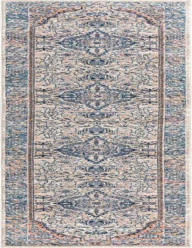 A 16 ft runner rug featuring a distressed bohemian medallion pattern in shades of blue, cream, and subtle orange, ideal for a hallway.