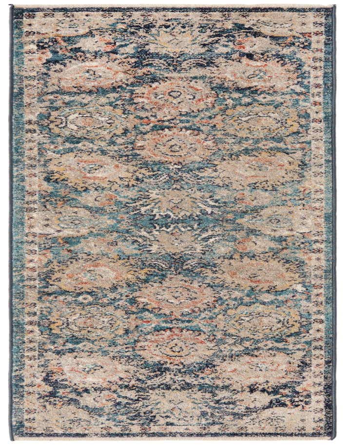 A 6 ft runner rug with a distressed traditional pattern in shades of blue, beige, and subtle orange, ideal for a hallway or kitchen.