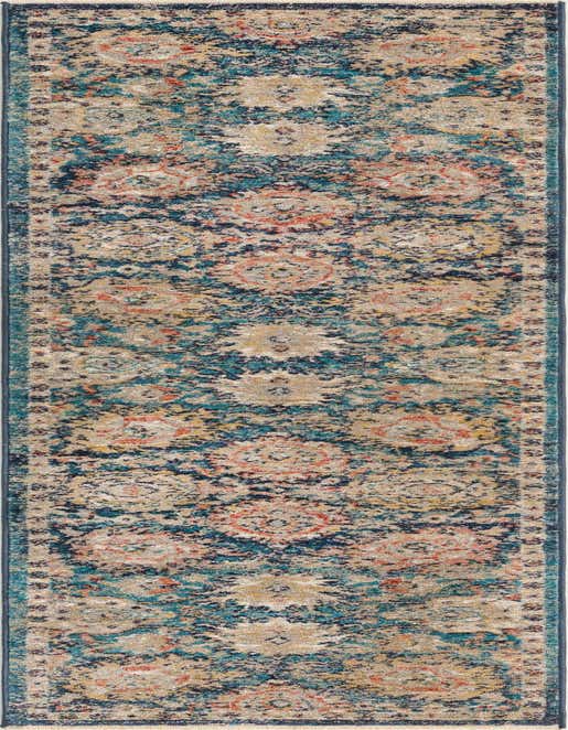 A distressed Lola 8 ft runner rug in shades of blue, beige, and orange with a traditional floral pattern, ideal for a hallway or kitchen.