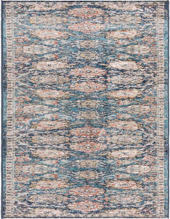 A 10 ft runner rug with a distressed traditional floral pattern in shades of blue, cream, and hints of orange, ideal for a hallway.