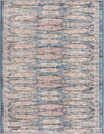 A 13 ft runner rug featuring a distressed traditional floral pattern in shades of blue, cream, and hints of orange.