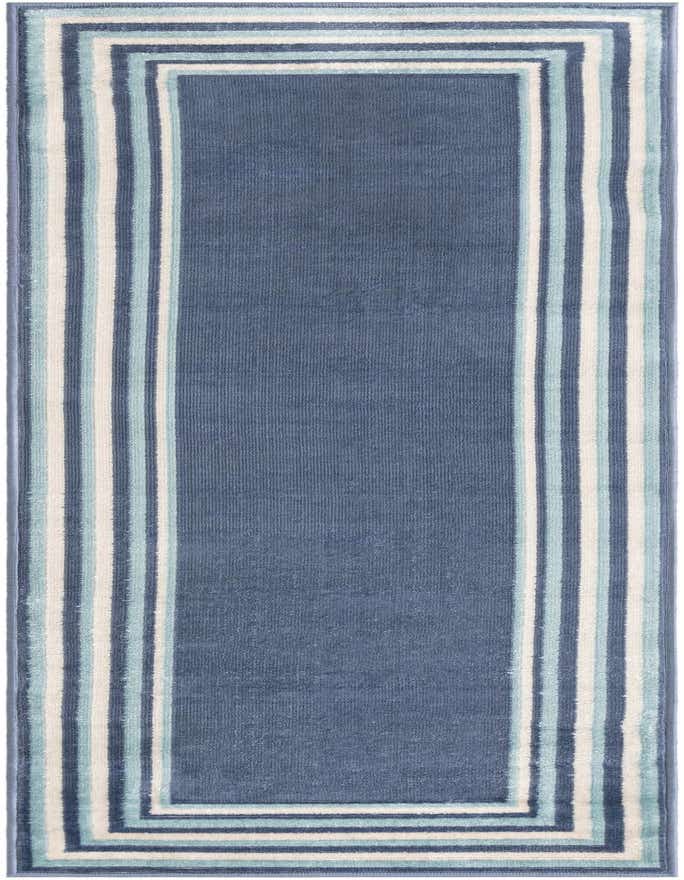 A 6 ft runner rug with a solid blue center and a striped border in varying shades of blue and cream.