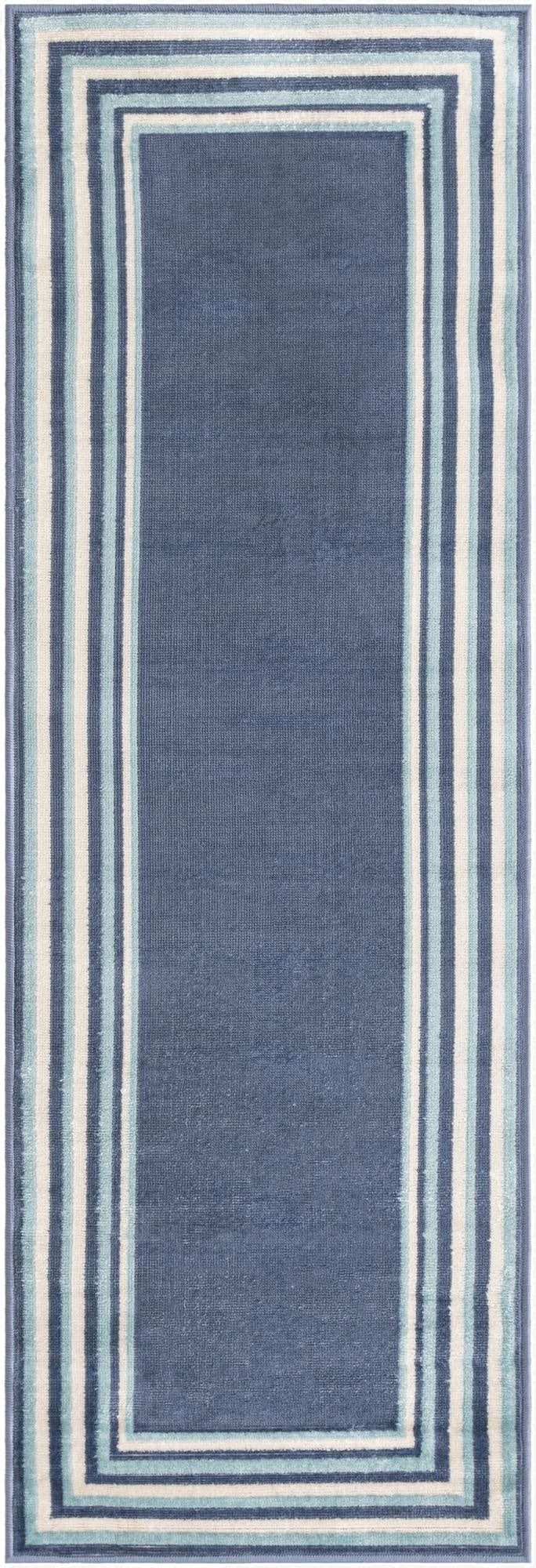 A 6 ft runner rug with a solid blue center and a striped border in varying shades of blue and cream.