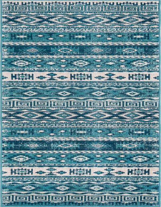 A 10 ft runner rug in shades of blue and off-white, featuring distressed Bohemian and tribal stripe patterns, ideal for a hallway.
