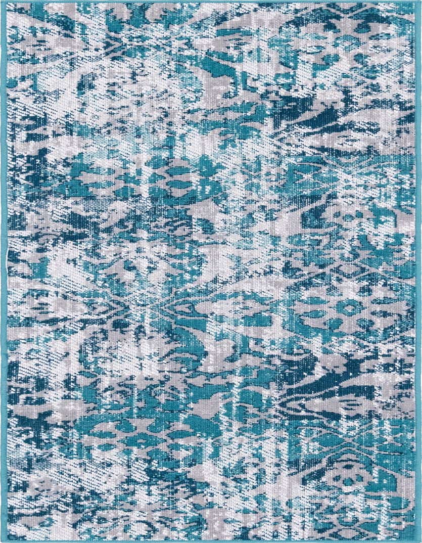 A 6 ft runner rug with a distressed Bohemian floral pattern in shades of blue, teal, and grey, featuring a flat, textured pile.