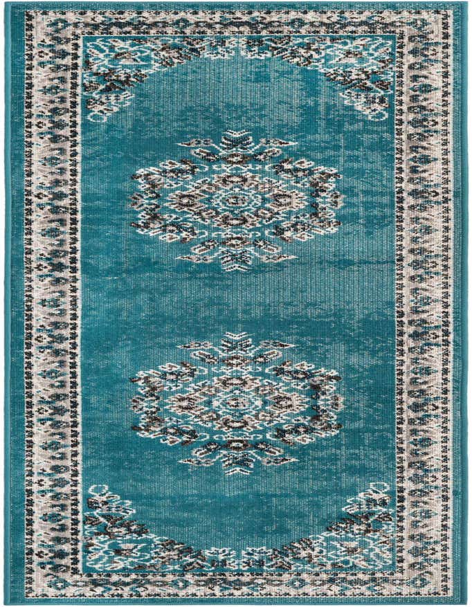 A 6 ft runner rug in shades of blue with a distressed bohemian medallion pattern and a grey border, perfect for a hallway.