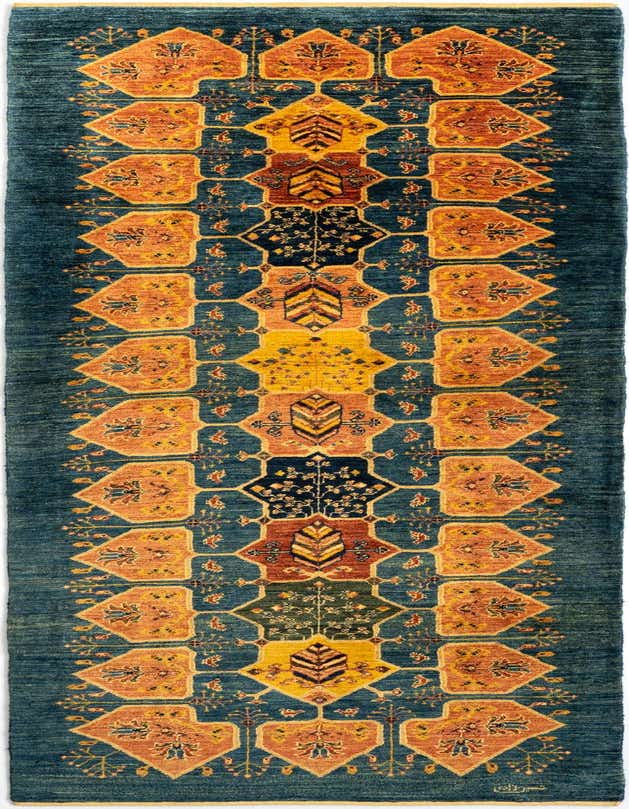 A 10 Ft Luribaft runner rug in blue with a traditional Persian pattern featuring orange, yellow, and navy geometric motifs.