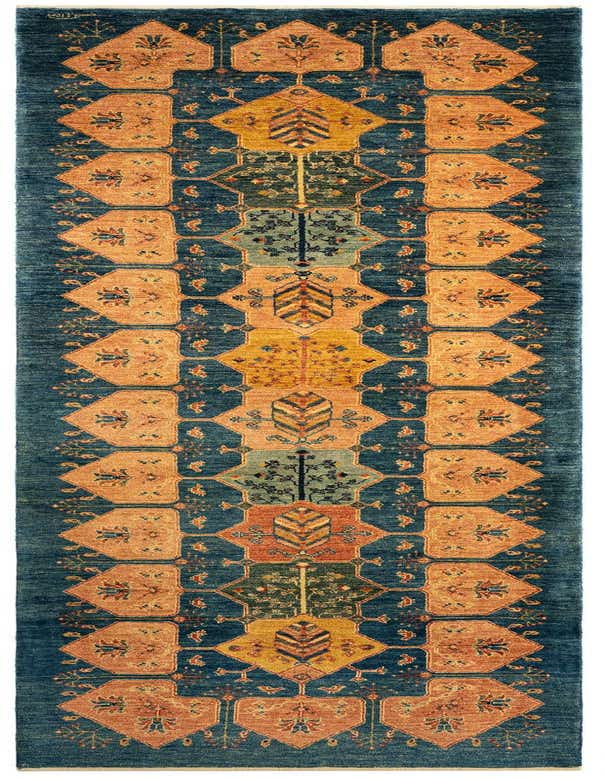 A 10 ft Luribaft runner rug in blues and oranges, featuring a traditional Persian pattern with geometric medallions, ideal for a hallway.