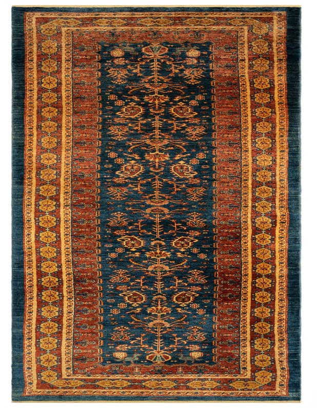 A 9 ft runner rug from the Rugs.com Luribaft collection, featuring a deep blue field with intricate orange and gold Persian patterns, ideal for a hallway.