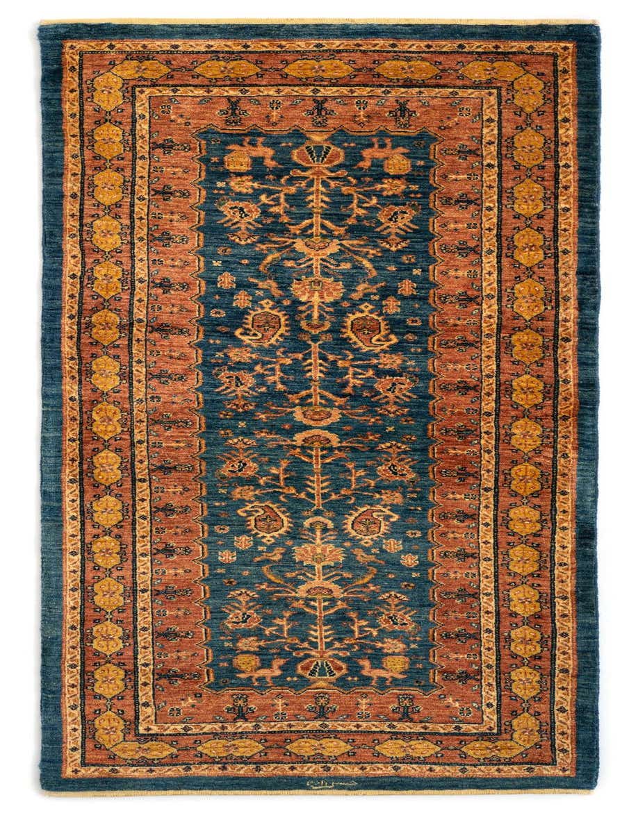A 7 ft blue and terracotta Persian runner rug with intricate floral and medallion patterns, ideal for a hallway.