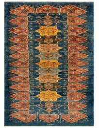 A 9 ft runner rug with a deep blue background and intricate Persian patterns in rust, gold, and light blue.