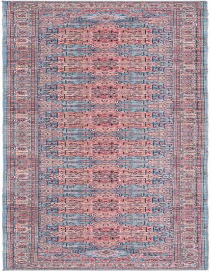 A 13 ft runner rug with a faded traditional medallion pattern in shades of blue, pink, and red.